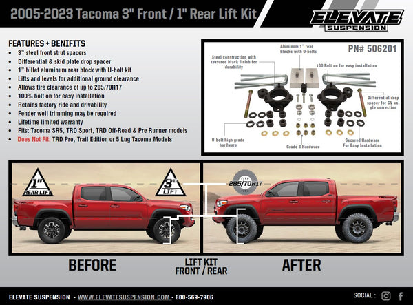 Elevate 3”/1” FRL Lift Kit, 2005+ Toyota Tacoma 2/4WD